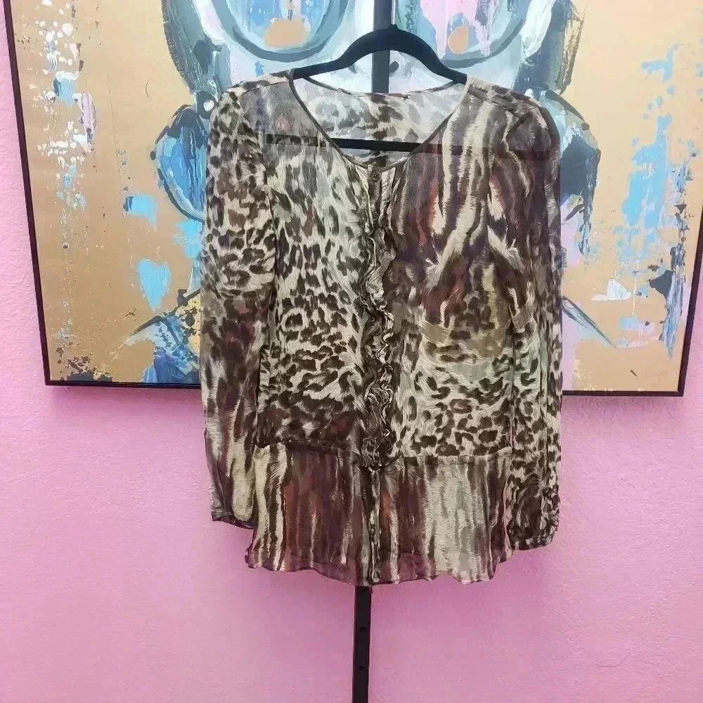 CAbi Sheer Animal Print Long Sleeve Blouse